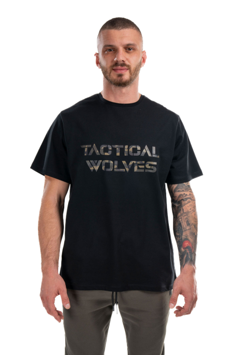 Tactical Wolves Oversize Yeşil Kamuflaj Baskılı Tshirt Siyah - 3